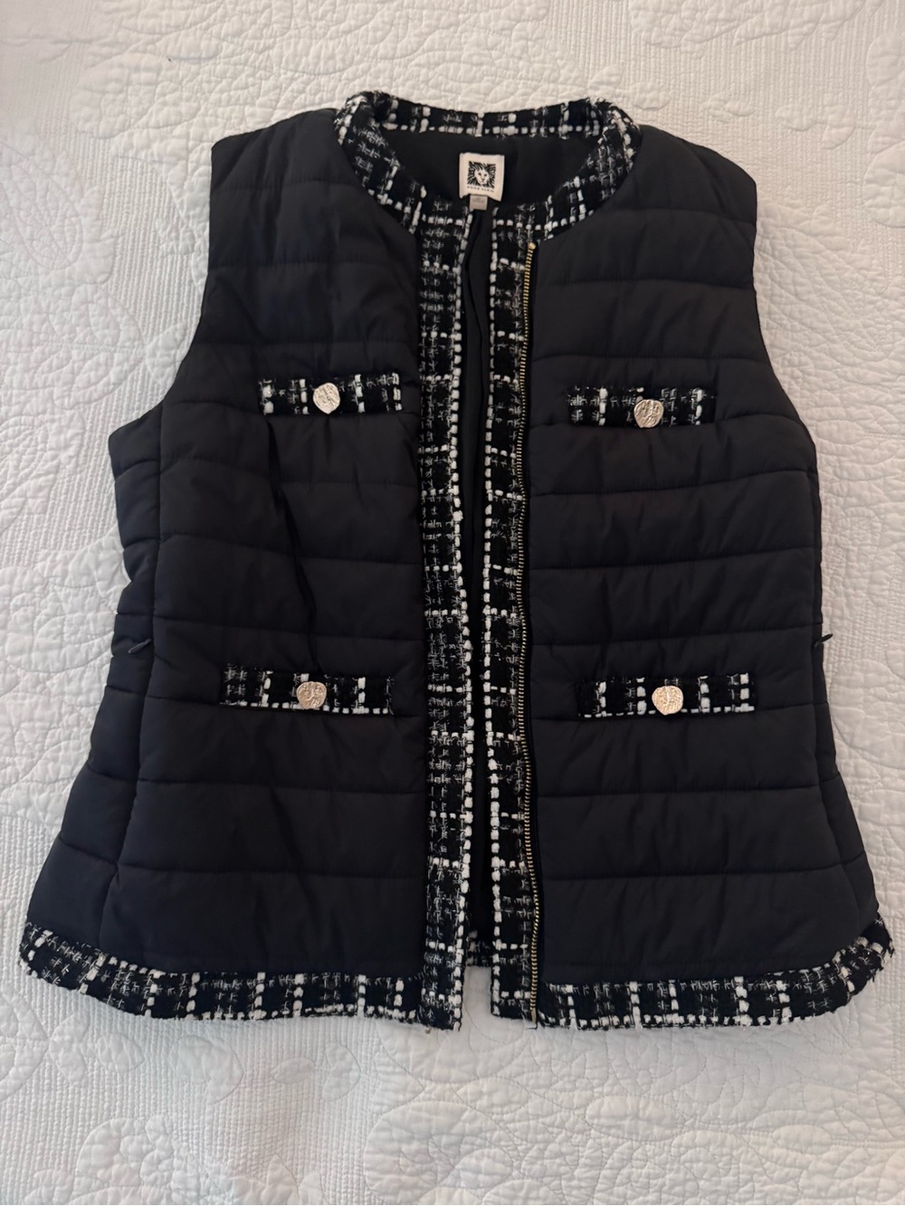 Anne Klein Black Quilted Vest with Tweed Trim